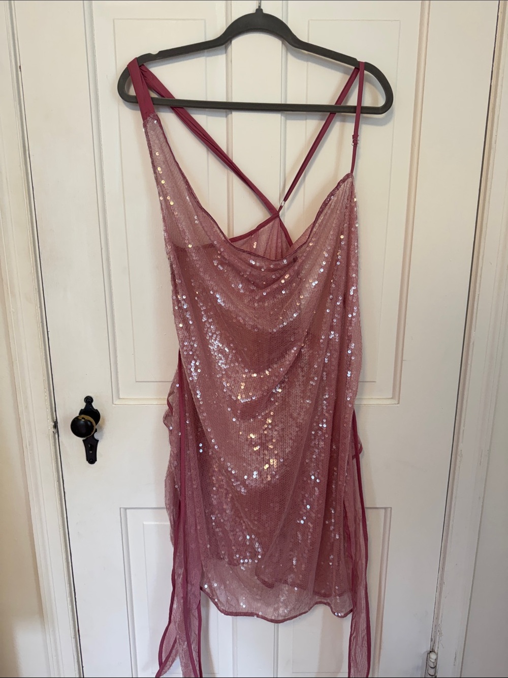 SHEER Sequined Dusty Rose Slip Dress with Waist Tie attached